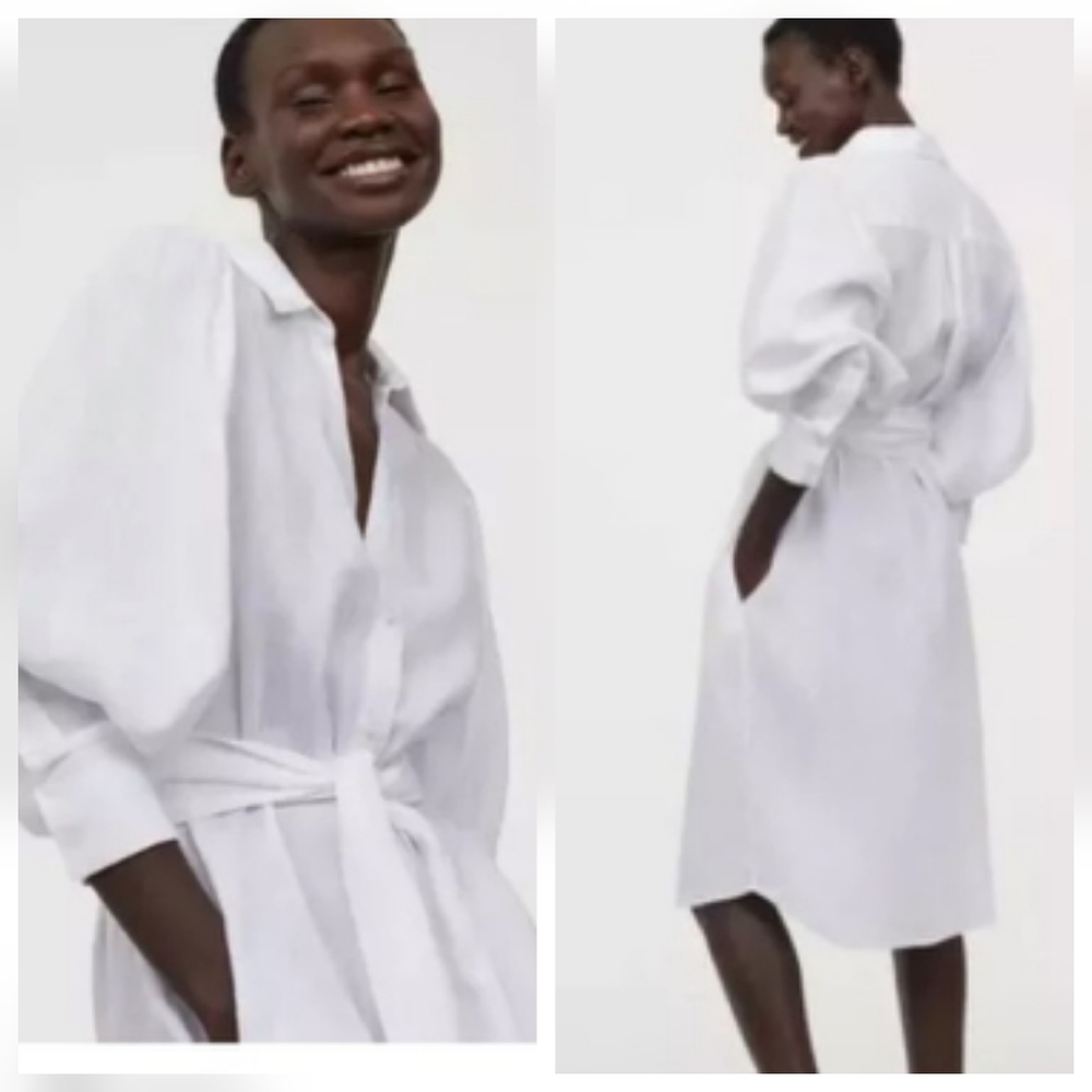 Johanna Ortiz × H&M Collab White Linen Oversized Balloon Sleeve Belted Dress